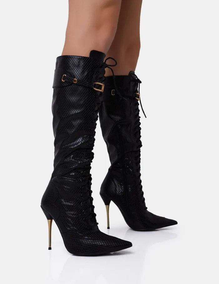Women Infatuated Black Croc Lace Up Buckle Feature Pointed Toe Gold Stiletto Knee High Boots Black Public Desire Embellished Women Infatuated Black Croc Lace Up Buckle Feature Pointed Toe Gold Stiletto Knee High Boots Black Public Desire Embellished