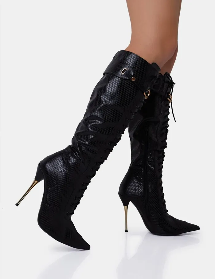 Women Infatuated Black Croc Lace Up Buckle Feature Pointed Toe Gold Stiletto Knee High Boots Black Public Desire Embellished