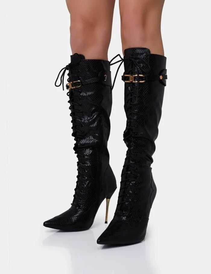 Women Infatuated Black Croc Lace Up Buckle Feature Pointed Toe Gold Stiletto Knee High Boots Black Public Desire Embellished