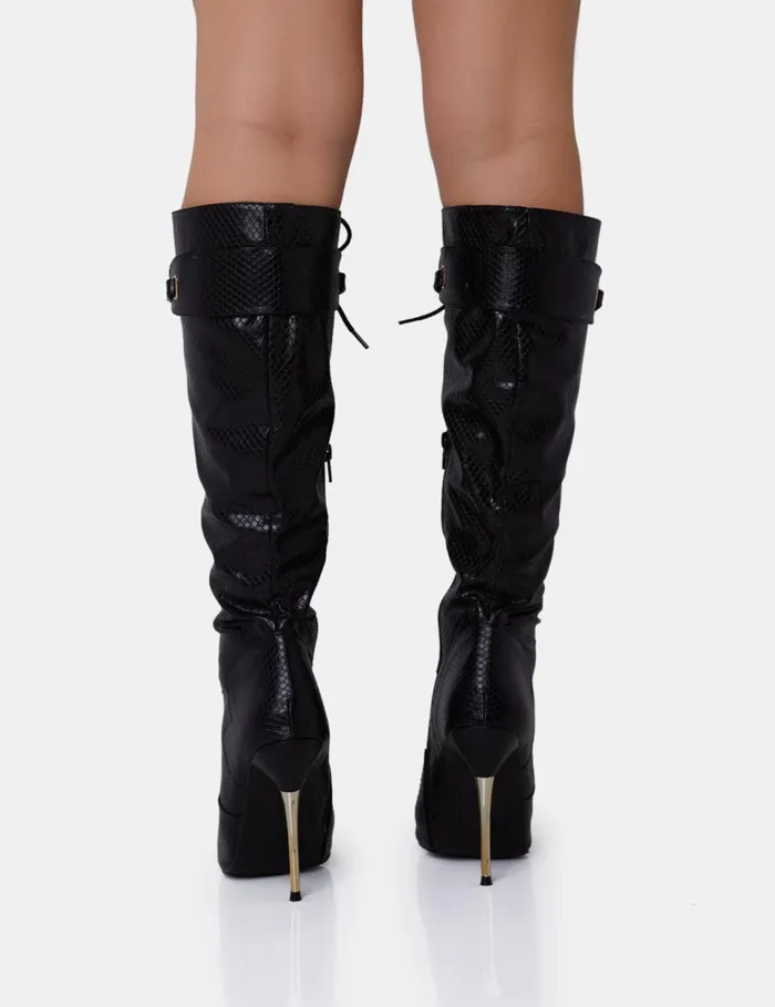 Women Infatuated Black Croc Lace Up Buckle Feature Pointed Toe Gold Stiletto Knee High Boots Black Public Desire Embellished
