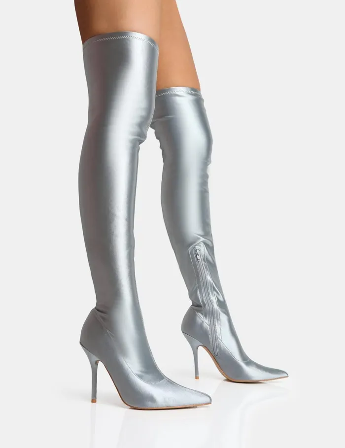 Women Instinct Silver Lycra Pointed Toe Stiletto Over The Knee Boots Silver Public Desire Long Boots Women Instinct Silver Lycra Pointed Toe Stiletto Over The Knee Boots Silver Public Desire Long Boots