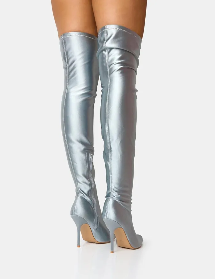 Women Instinct Silver Lycra Pointed Toe Stiletto Over The Knee Boots Silver Public Desire Long Boots