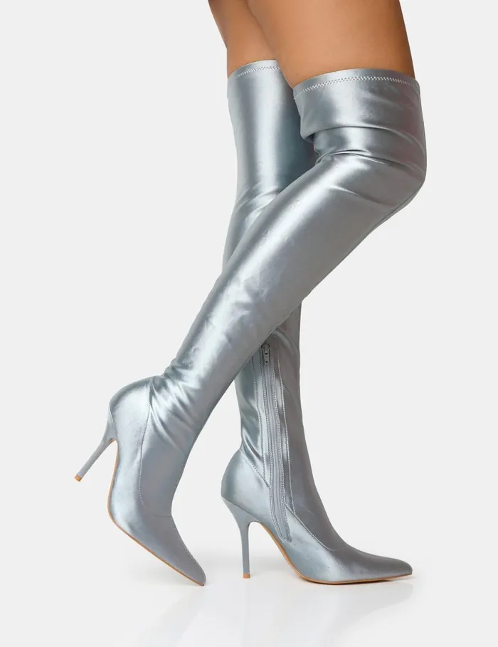 Women Instinct Silver Lycra Pointed Toe Stiletto Over The Knee Boots Silver Public Desire Long Boots