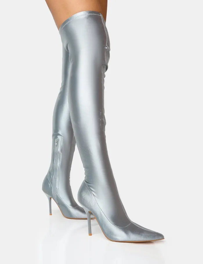 Women Instinct Silver Lycra Pointed Toe Stiletto Over The Knee Boots Silver Public Desire Long Boots