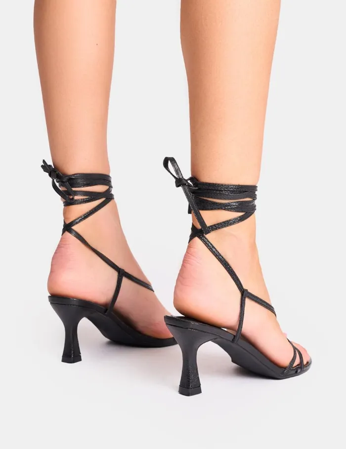 Women Irisa Cracked Black Lace Up Strappy Mid Heels Black Public Desire Mid Heels