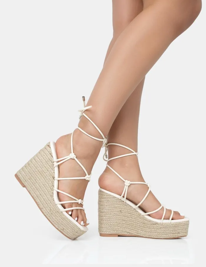 Women Islander Ecru Lace Up Square Toe High Heeled Sandal Esparille Wedges Neutral Public Desire Block Heels
