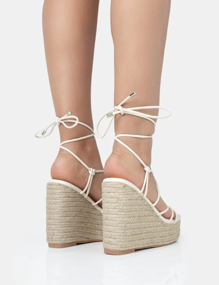 Women Islander Ecru Lace Up Square Toe High Heeled Sandal Esparille Wedges Neutral Public Desire Block Heels