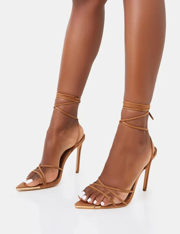Women Isobel Tan Pu Lace Up Strappy Barely There Pointed Toe High Heels Brown Public Desire Lace Up Heels