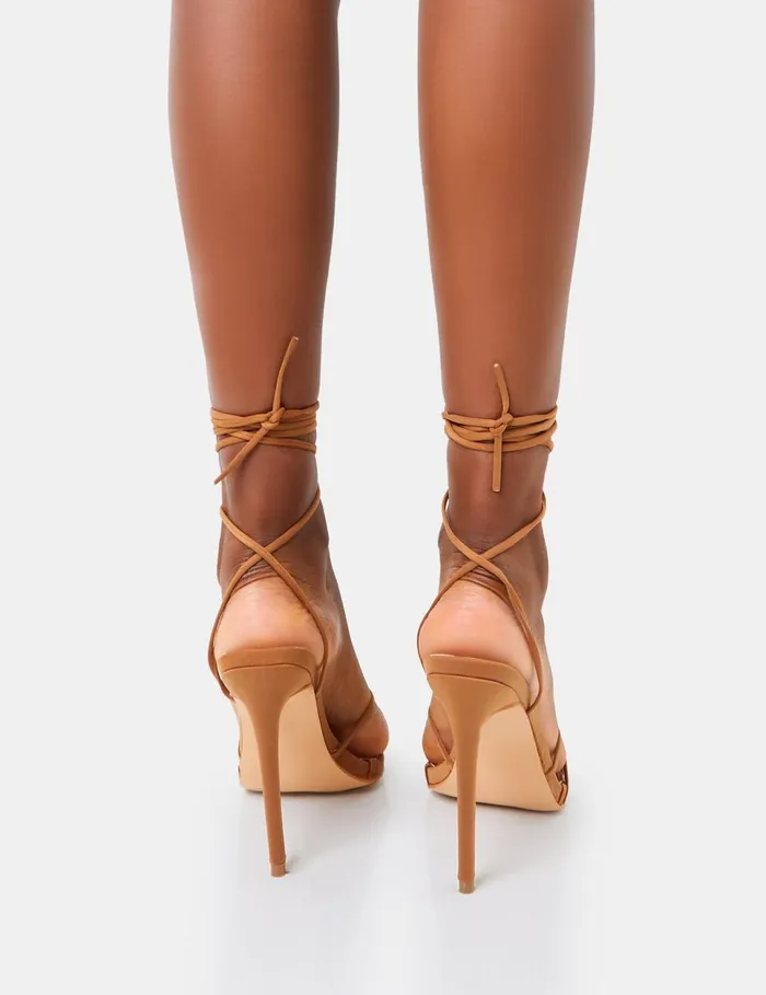 Women Isobel Tan Pu Lace Up Strappy Barely There Pointed Toe High Heels Brown Public Desire Lace Up Heels