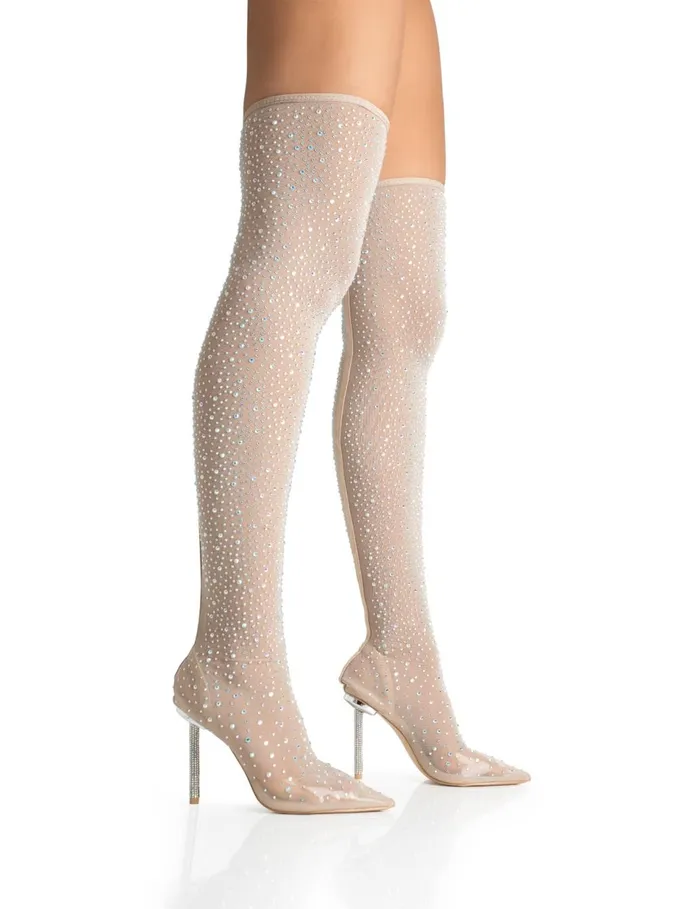 Women It Girl Nude Diamante Holographic Detailed Mesh Pointed Toe Stiletto Sock Boot Heels Pink Public Desire Party