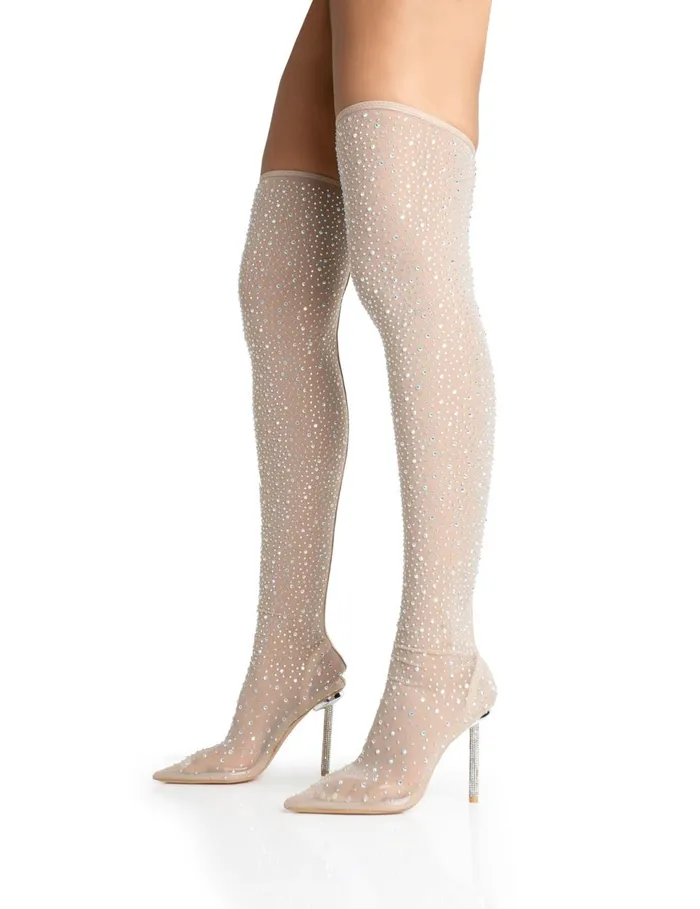 Women It Girl Nude Diamante Holographic Detailed Mesh Pointed Toe Stiletto Sock Boot Heels Pink Public Desire Party