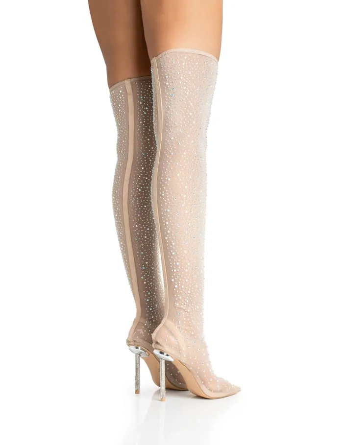 Women It Girl Nude Diamante Holographic Detailed Mesh Pointed Toe Stiletto Sock Boot Heels Pink Public Desire Party