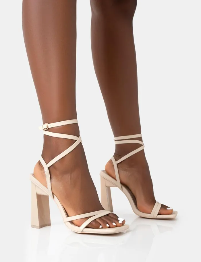 Women Ives Stone Pu Strappy Lace Up Square Toe Slim Block Heels Neutral Public Desire Wedding Women Ives Stone Pu Strappy Lace Up Square Toe Slim Block Heels Neutral Public Desire Wedding