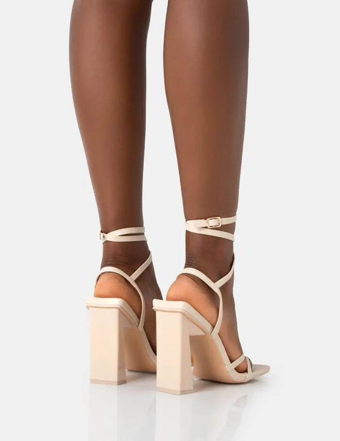 Women Ives Stone Pu Strappy Lace Up Square Toe Slim Block Heels Neutral Public Desire Wedding