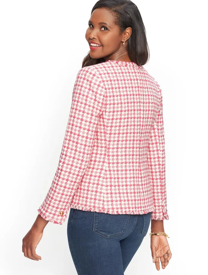 Women Jackets And Blazers Talbots Fringe Trim Tweed Jacket Mills Pinkwhite