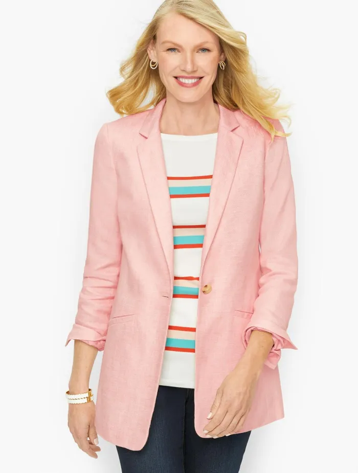 Women Jackets And Blazers Talbots Summer Hopsack Blazer Scallop Pink Multi