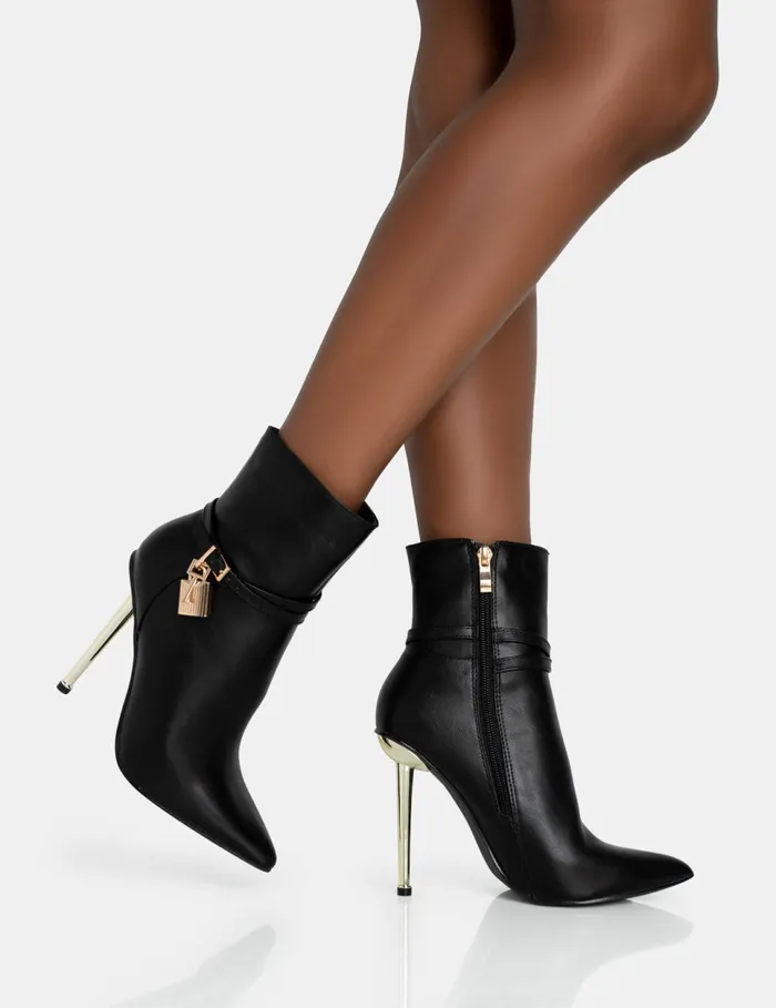 Women Jalan Black Pu Padlock Detail Pointed Toe Gold Stiletto Heel Ankle Boots Black Public Desire Ankle Boots