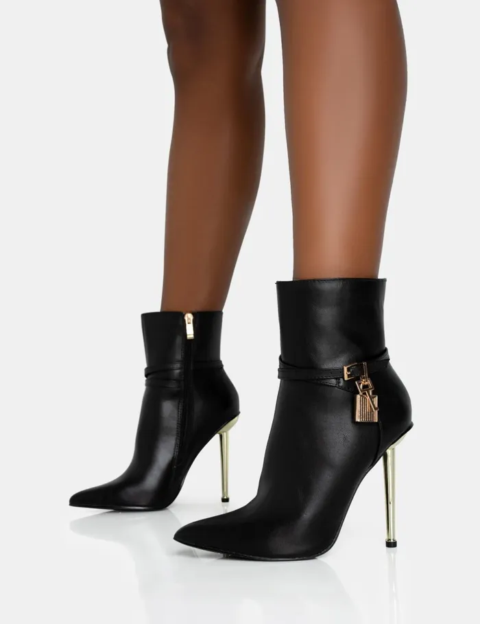 Women Jalan Black Pu Padlock Detail Pointed Toe Gold Stiletto Heel Ankle Boots Black Public Desire Ankle Boots