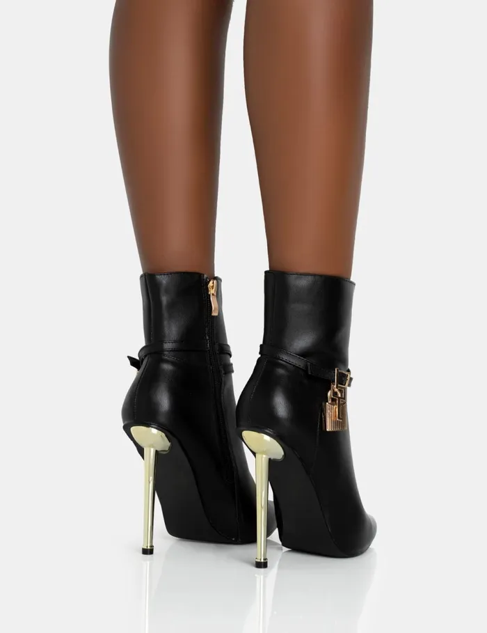 Women Jalan Black Pu Padlock Detail Pointed Toe Gold Stiletto Heel Ankle Boots Black Public Desire Ankle Boots