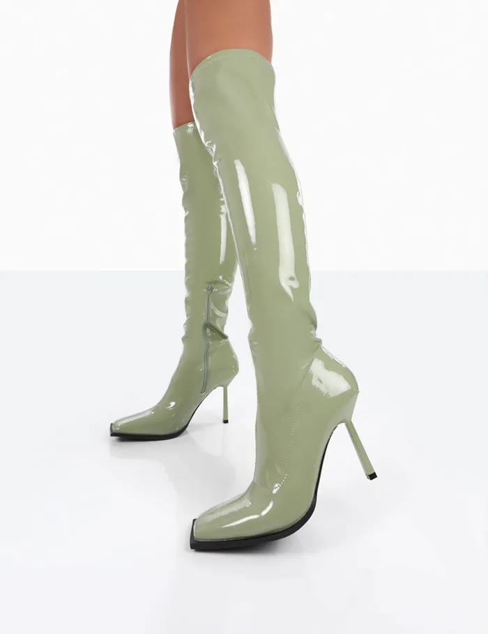 Women Jenine Green Patent Over The Knee Stiletto Heeled Boots Green Public Desire Long Boots