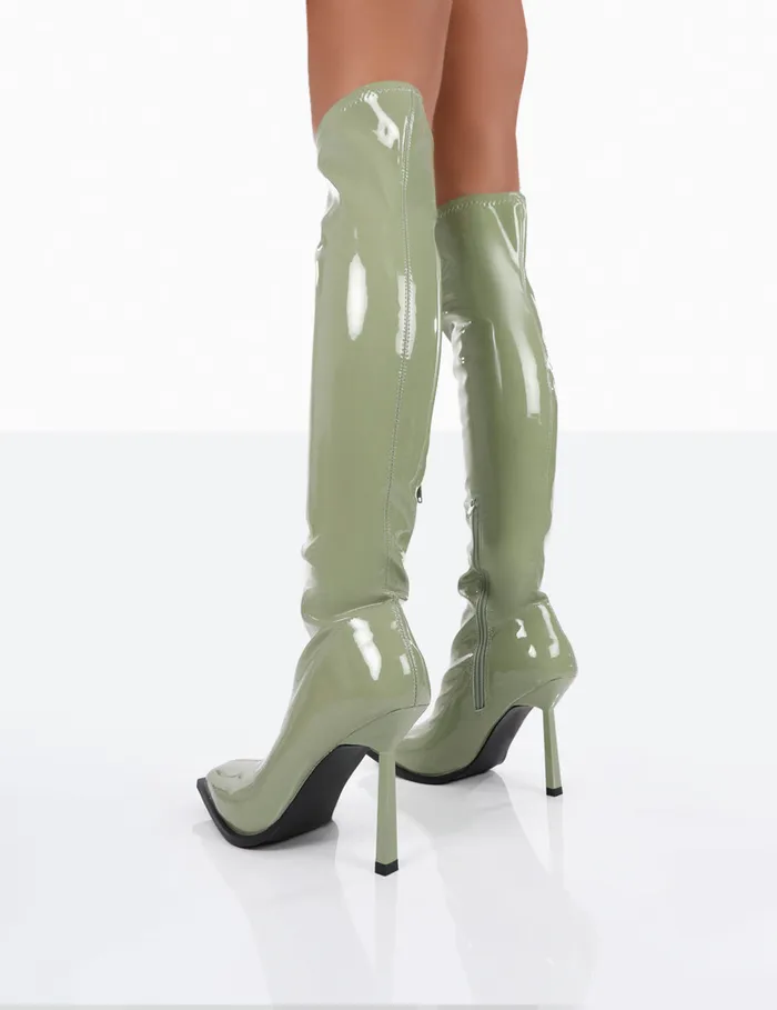 Women Jenine Green Patent Over The Knee Stiletto Heeled Boots Green Public Desire Long Boots