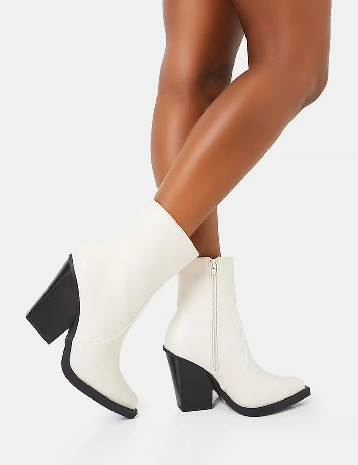 Women Jessie White Pu Western Pointed Toe Black Contrast Sole Block Heeled Ankle Boots White Public Desire Festival