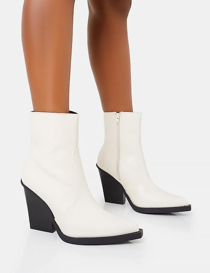 Women Jessie Wide Fit White Pu Western Pointed Toe Black Contrast Sole Block Heeled Ankle Boots White Public Desire Festival Women Jessie Wide Fit White Pu Western Pointed Toe Black Contrast Sole Block Heeled Ankle Boots White Public Desire Festival