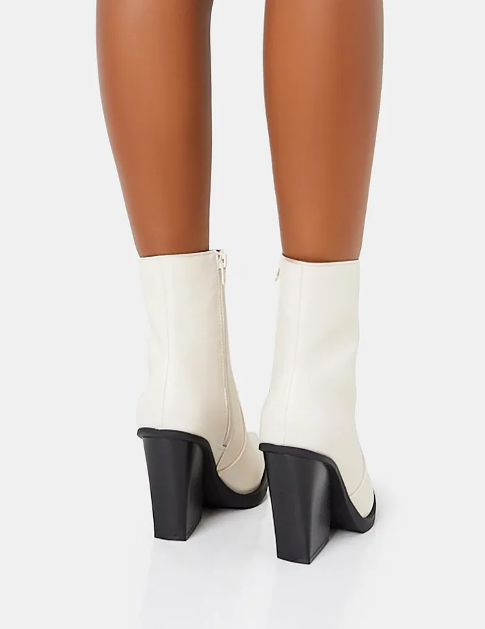 Women Jessie Wide Fit White Pu Western Pointed Toe Black Contrast Sole Block Heeled Ankle Boots White Public Desire Festival