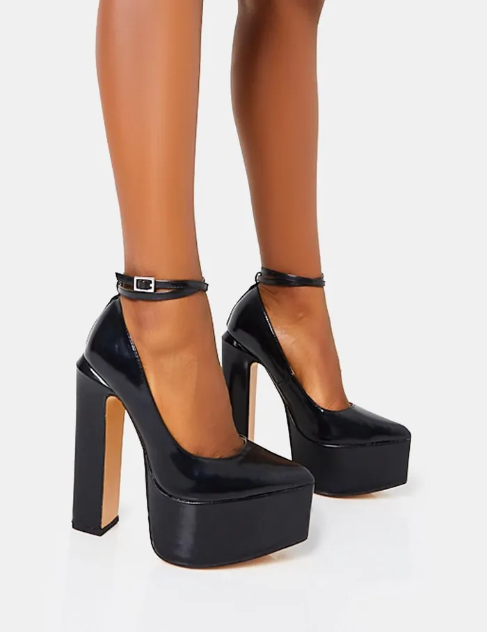 Women Jett Black Extreme Platform Wrap Around The Ankle Pointed Toe Block High Heels Black Public Desire Party
