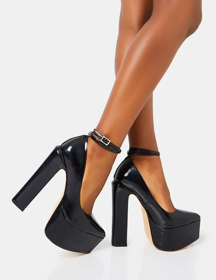 Women Jett Black Extreme Platform Wrap Around The Ankle Pointed Toe Block High Heels Black Public Desire Party