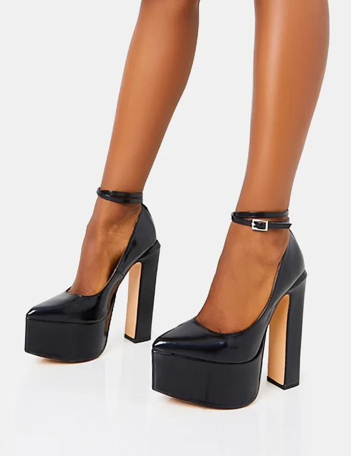 Women Jett Black Extreme Platform Wrap Around The Ankle Pointed Toe Block High Heels Black Public Desire Party