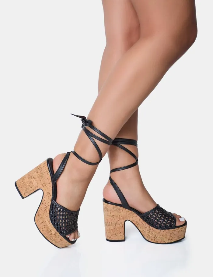 Women Jos Black Netted Lace Up Cork Platform Sandals Black Public Desire Platform Heels