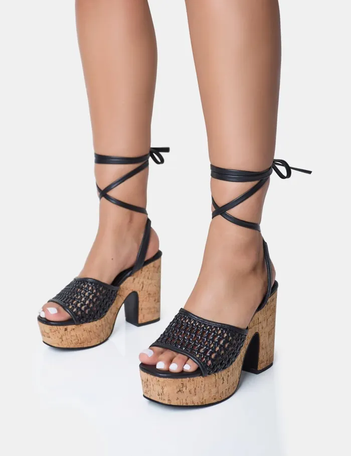 Women Jos Black Wide Fit Netted Lace Up Cork Platform Sandals Black Public Desire Platform Heels