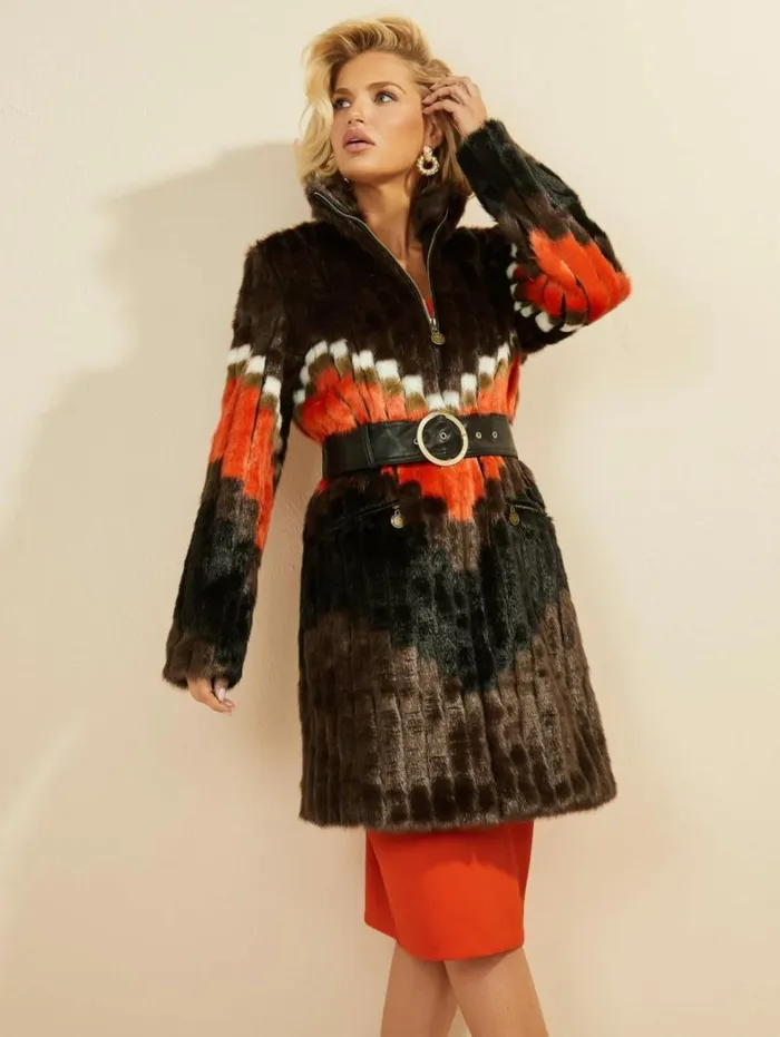 Women Judy FauxFur Coat Chevron Orange Marciano Jackets