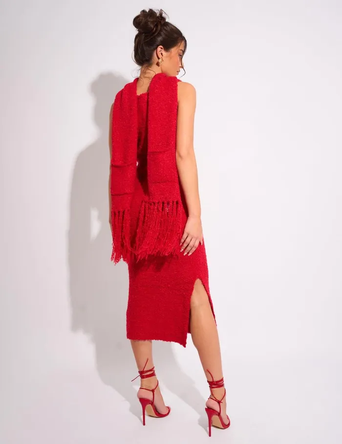 Women Kaiia Boucle Knitted Sleeveless Jumper Dress With Scarf In Red Red Public Desire Dresses