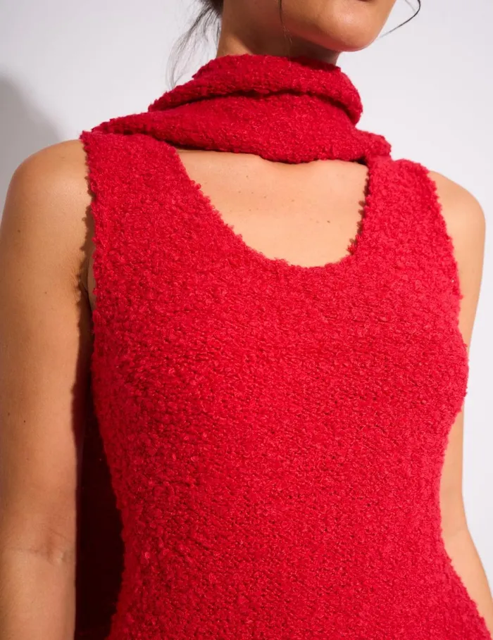 Women Kaiia Boucle Knitted Sleeveless Jumper Dress With Scarf In Red Red Public Desire Dresses