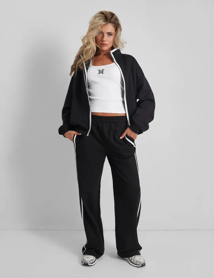 Women Kaiia Contrast Piping Zip Up Sweatshirt Black White Black Public Desire Two Piece Sets
