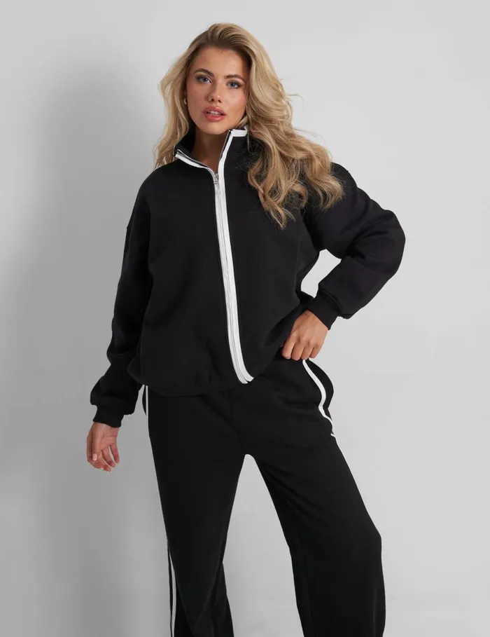 Women Kaiia Contrast Piping Zip Up Sweatshirt Black White Black Public Desire Two Piece Sets