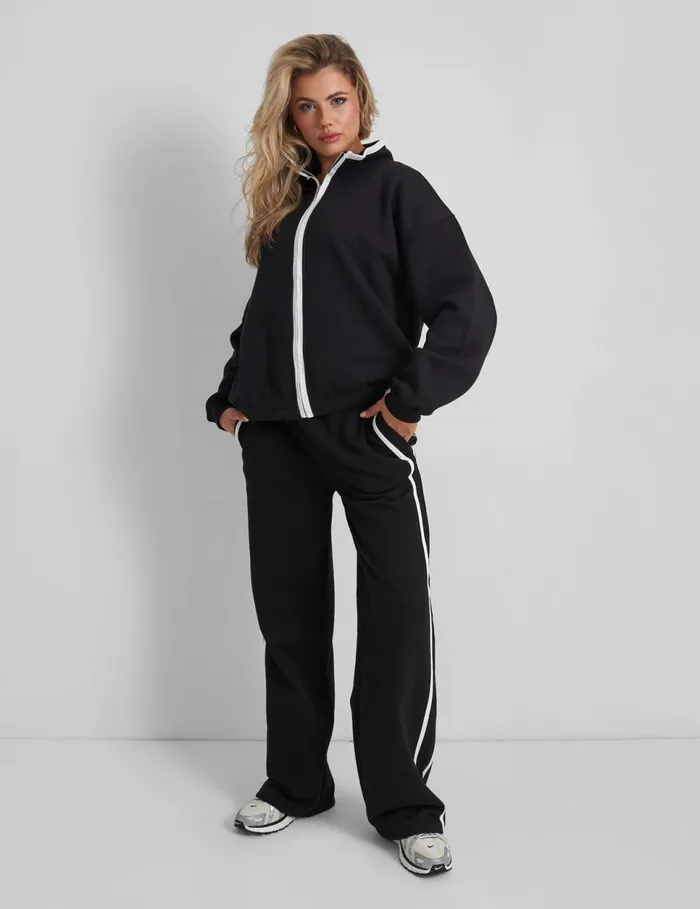 Women Kaiia Contrast Piping Zip Up Sweatshirt Black White Black Public Desire Two Piece Sets
