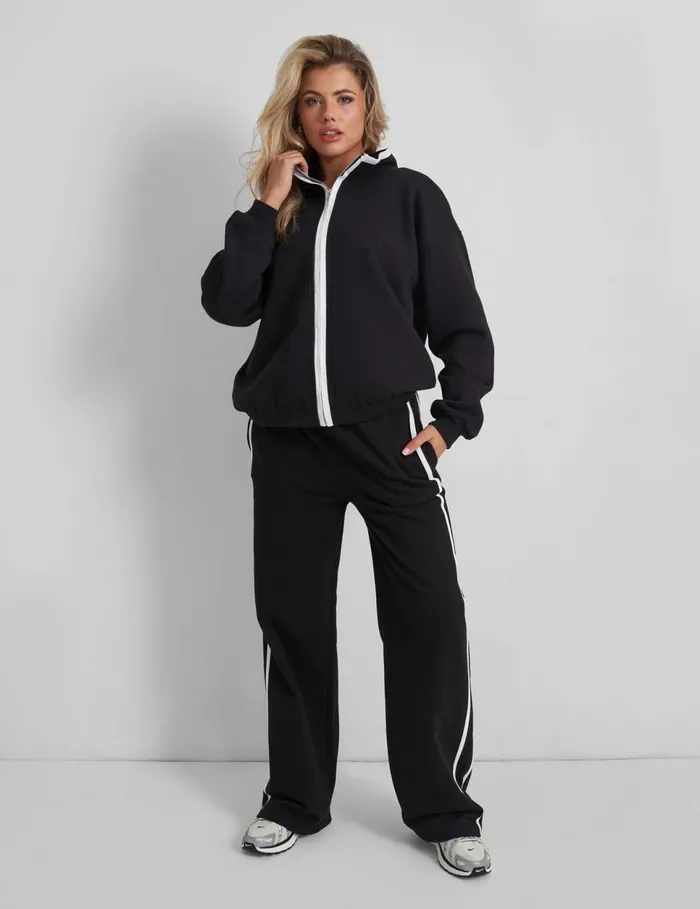 Women Kaiia Contrast Piping Zip Up Sweatshirt Black White Black Public Desire Two Piece Sets