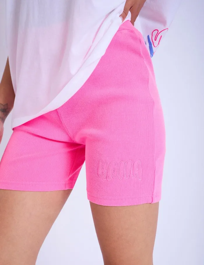 Women Kaiia Embroidered Bubble Logo Ribbed Cycling Shorts Bright Pink Public Desire Pink Public Desire Shorts