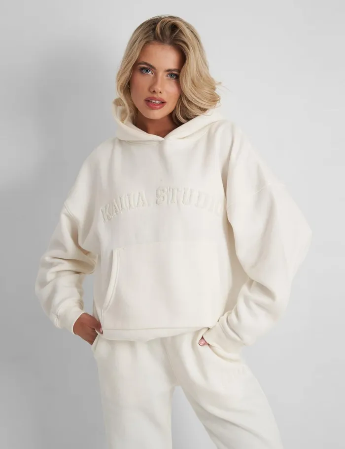 Women Kaiia Oversized Logo Hoodie In Vanilla Neutral Public Desire Curve