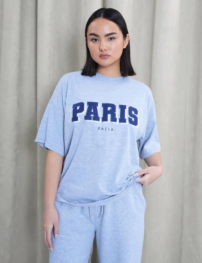 Women Kaiia Paris Logo Oversized Top Grey Marl Marl Public Desire Tops