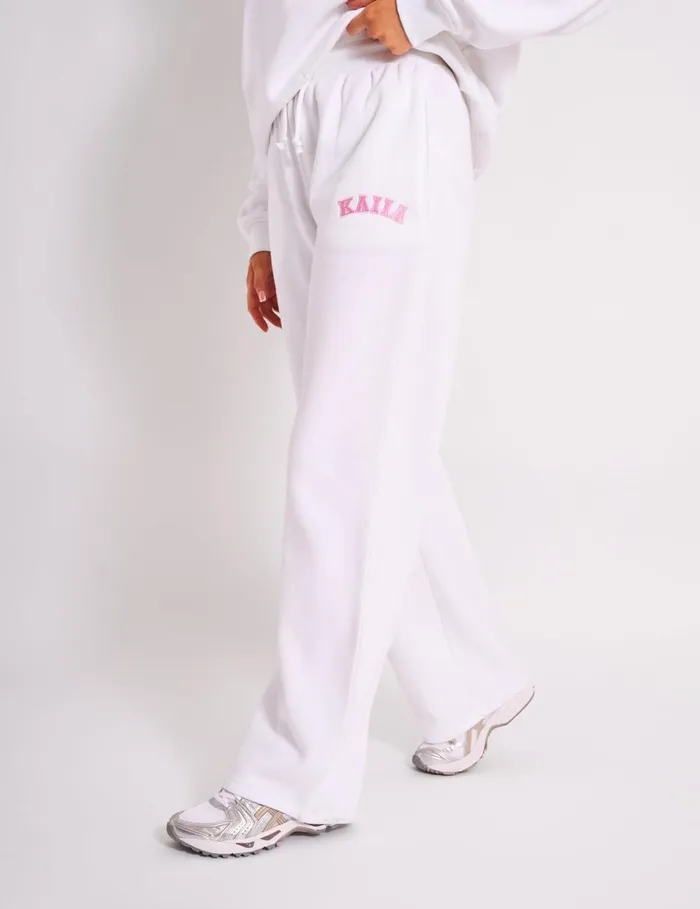 Women Kaiia Ribbed Waistband Wide Leg Sweat Pants White and Pink Pink Public Desire Tailoring