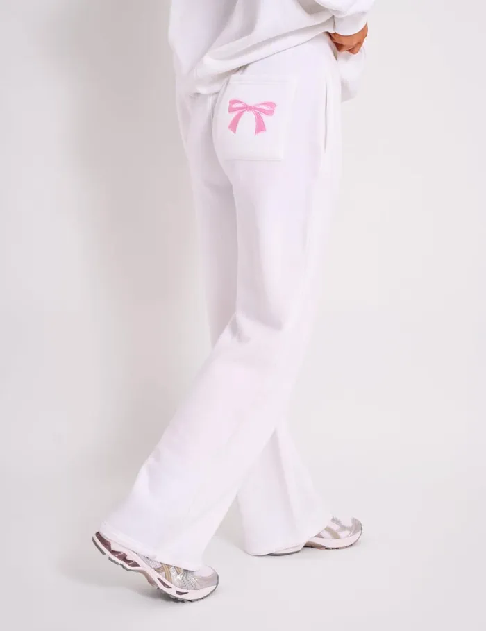 Women Kaiia Ribbed Waistband Wide Leg Sweat Pants White and Pink Pink Public Desire Tailoring
