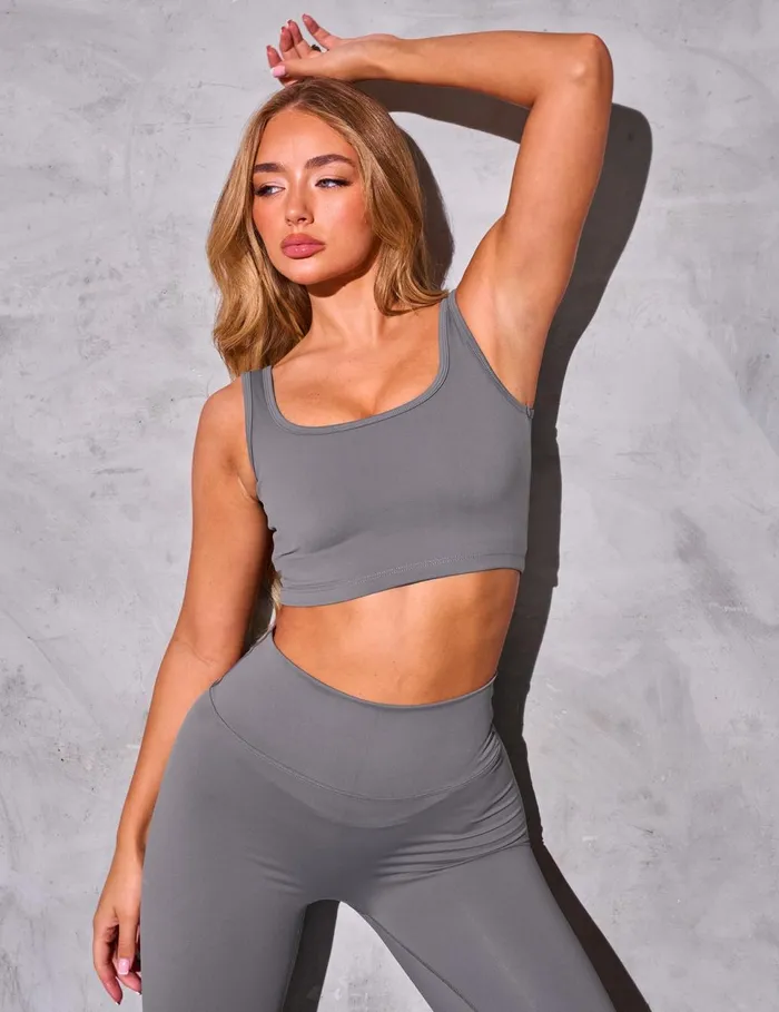 Women Kaiia Sculpt Square Neck Crop Top Slate Grey Grey Public Desire Tops