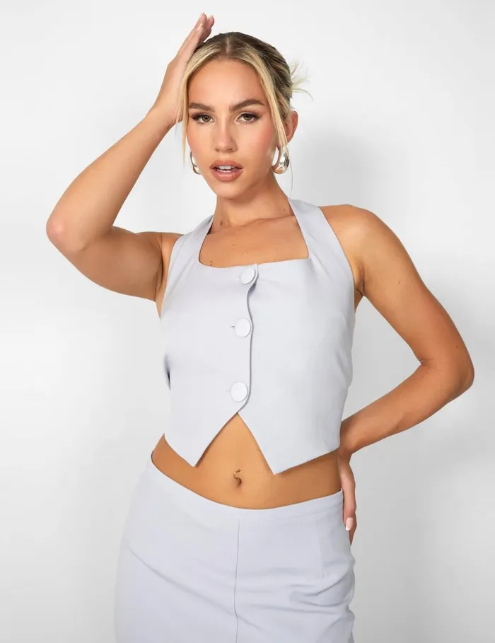 Women Kaiia Square Neck Waistcoat Top Coord In Grey Grey Public Desire Tops