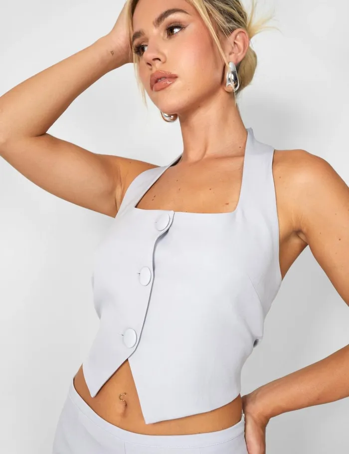 Women Kaiia Square Neck Waistcoat Top Coord In Grey Grey Public Desire Tops