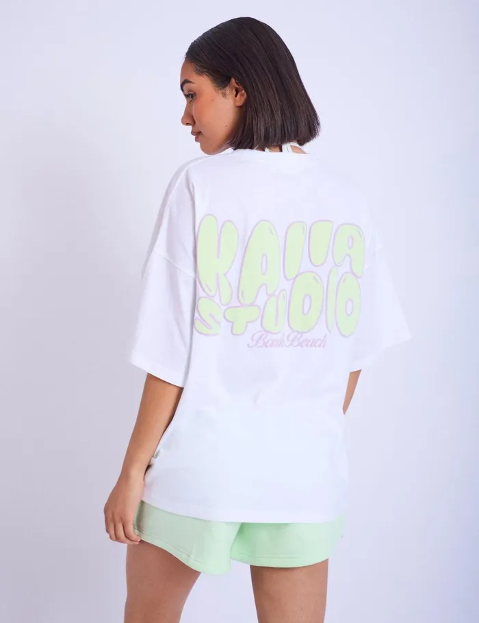 Women Kaiia Studio Bubble Logo Oversized Tshirt White and Lime White Public Desire Tops