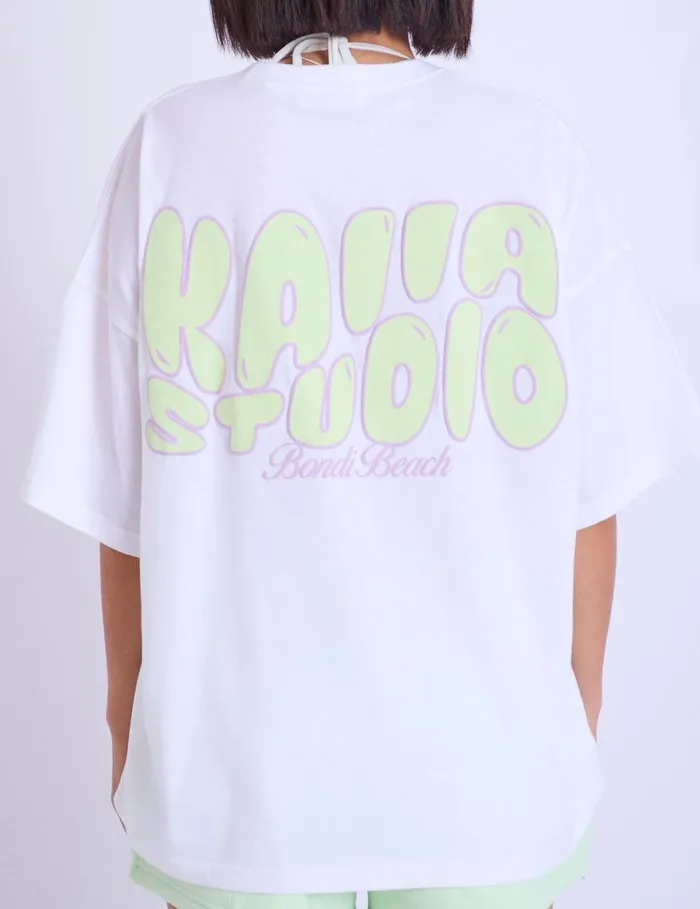 Women Kaiia Studio Bubble Logo Oversized Tshirt White and Lime White Public Desire Tops